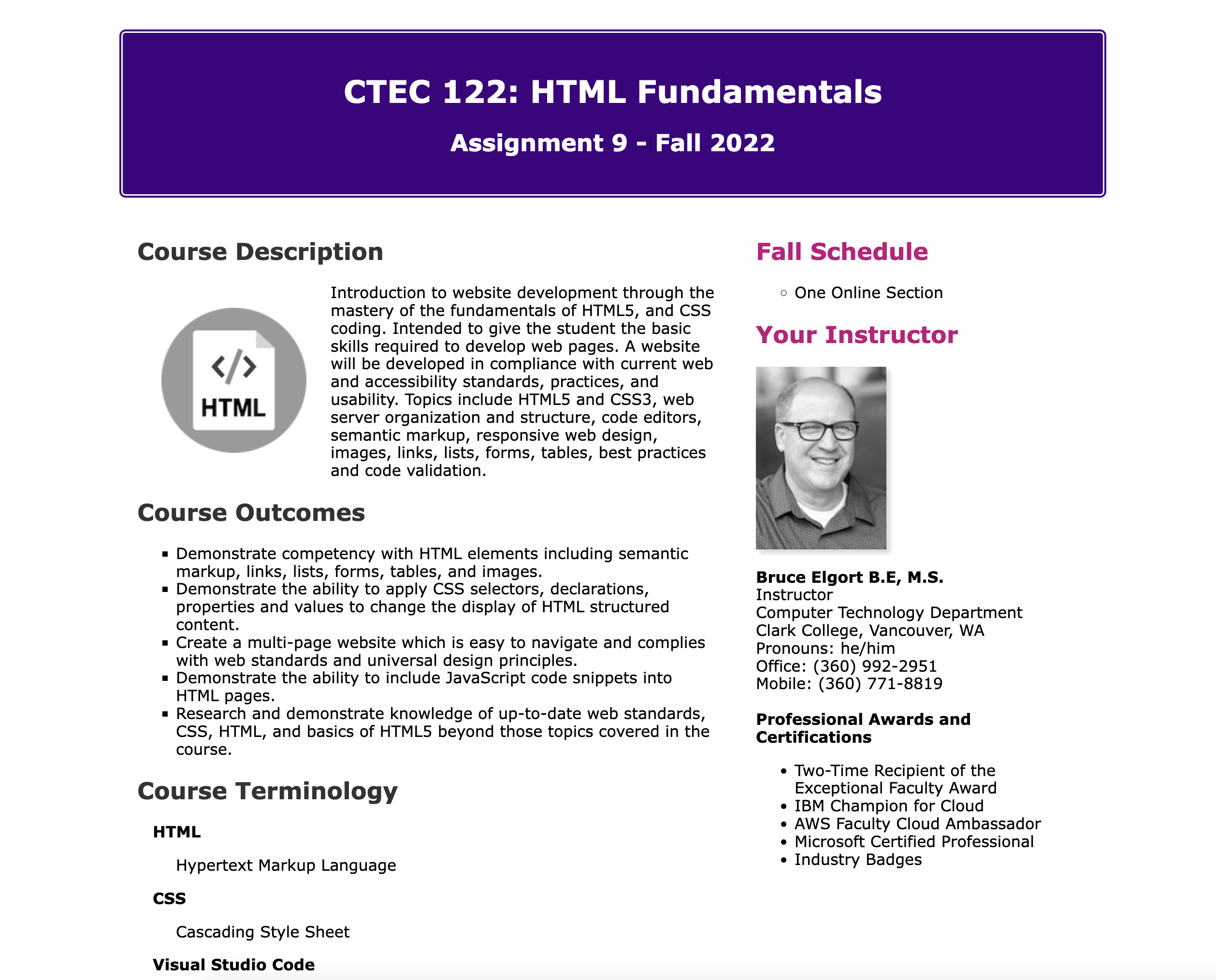 HTML Course Description Web Page